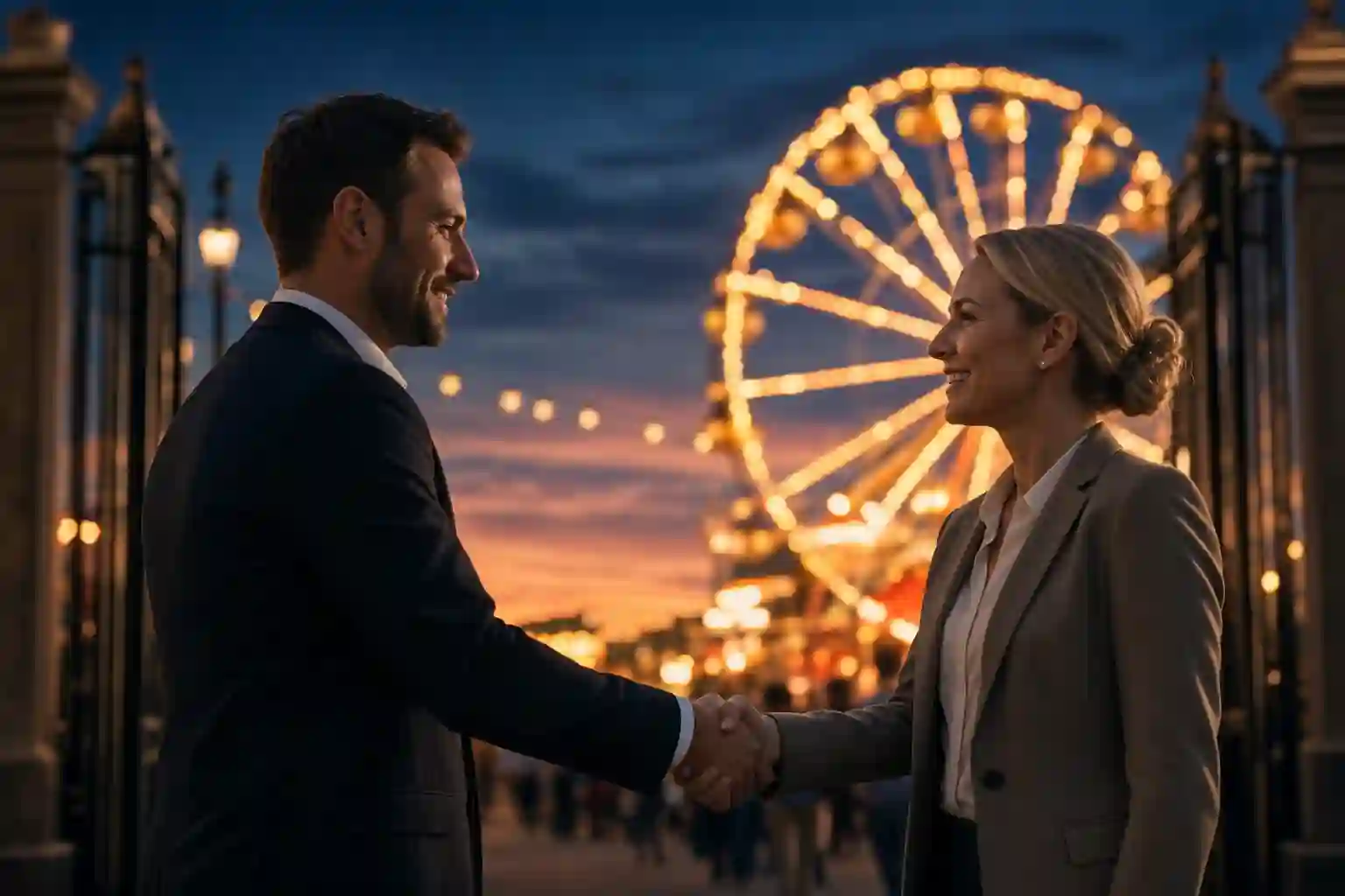 A promoter and talent buyer shaking hands at a fairground entrance at dusk