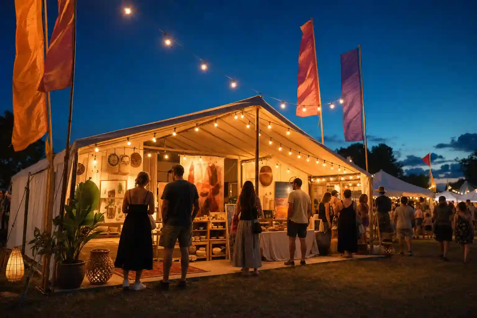 An illuminated exhibit tent at an outdoor fair with visitors browsing at dusk
